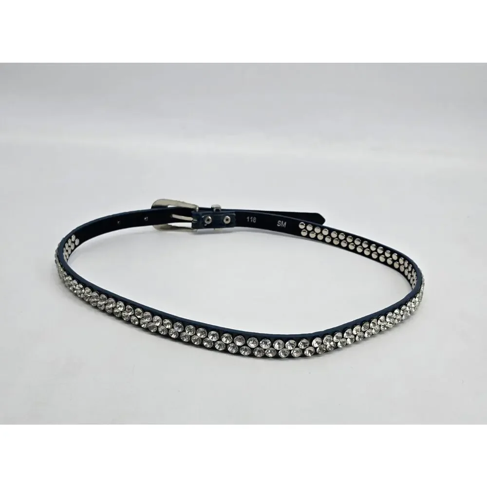 Vintage Y2K Navy‎ Patent Leather Rhinestone Studded Belt Bling Western Glam S/M